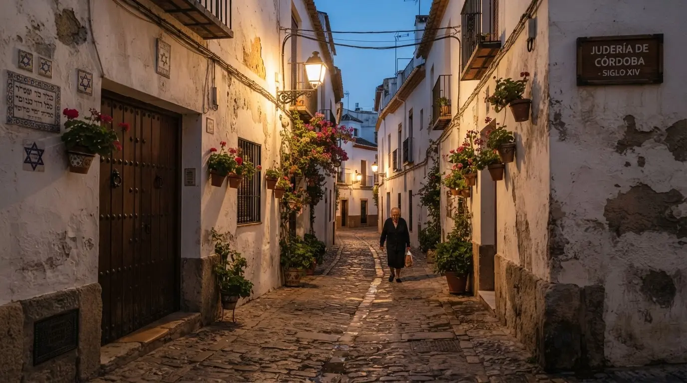 Narrow medieval streets of the Judería in Cordoba, Spain, whitewashed walls and iron lanterns at dusk, evoking the Jewish quarter where the 1391 pogrom took place, photorealistic warm evening light with long shadows
