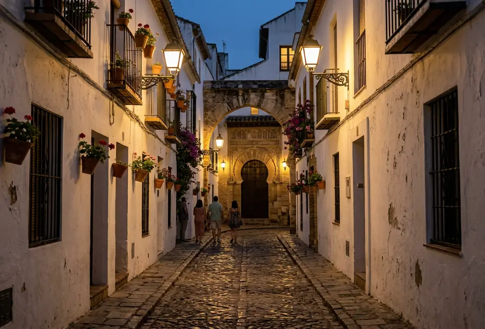 Narrow medieval streets of the Judería in Córdoba, whitewashed walls and iron lanterns at dusk, evoking the Jewish quarter where the 1391 pogrom took place, photorealistic warm evening light with long shadows
