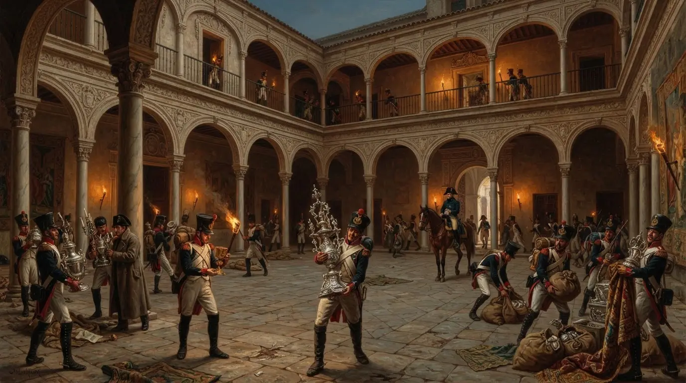 Illustration of the 1808 sack of Córdoba: French Napoleonic infantry looting a Baroque Andalusian palace courtyard at dusk, soldiers carrying silver vessels and church ornaments through an arcaded gallery, dramatic warm torchlight, oil-painting style