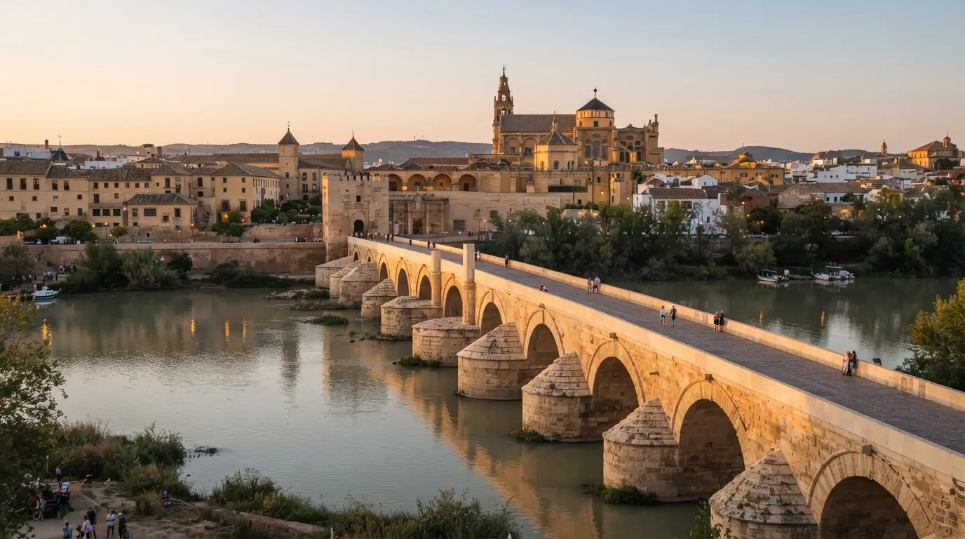 Photorealistic golden-hour photo of the Roman Bridge and Mezquita-Catedral in Córdoba, capturing why an Andalusia road trip Cordoba stop deserves more than a drive-by, framed with the AVE rail line in the distance