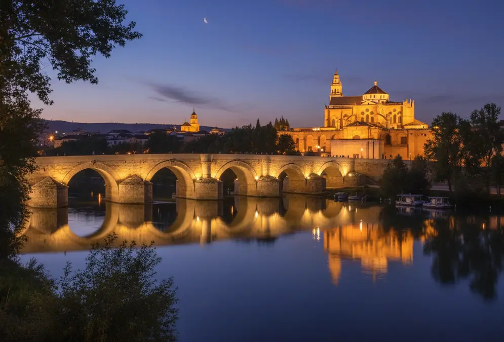 Córdoba illuminated at night with the Mezquita in the background