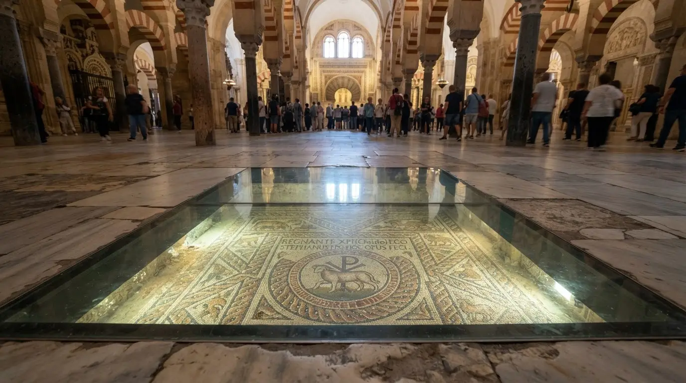 Visigothic mosaic floor fragments with Christian iconography visible through glass floor openings in the Mezquita-Cathedral of Córdoba, showing 6th-century Paleo-Christian craftsmanship beneath the Islamic prayer hall