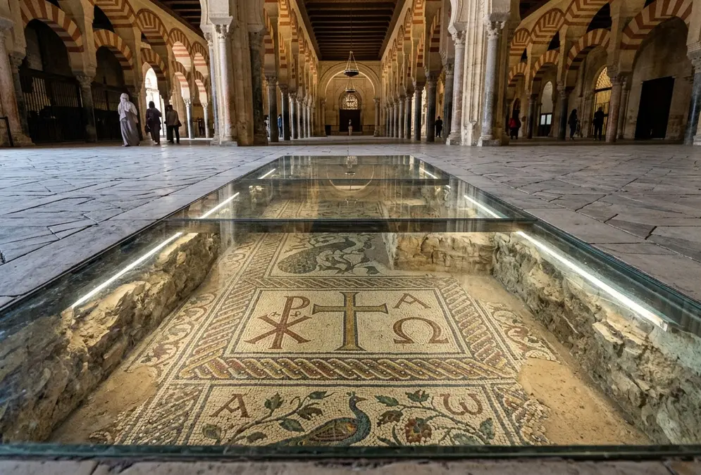 Visigothic mosaic floor fragments with Christian iconography visible through glass floor openings in the Mezquita-Cathedral of Córdoba, showing 6th-century Paleo-Christian craftsmanship beneath the Islamic prayer hall