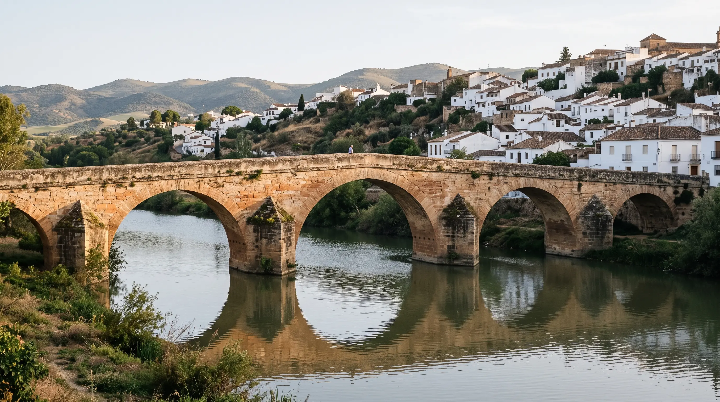 Red stone Puente Mayor with four semicircular arches over the Guadalquivir at Montoro in late afternoon light, cordoba province bridge women jewellery funded