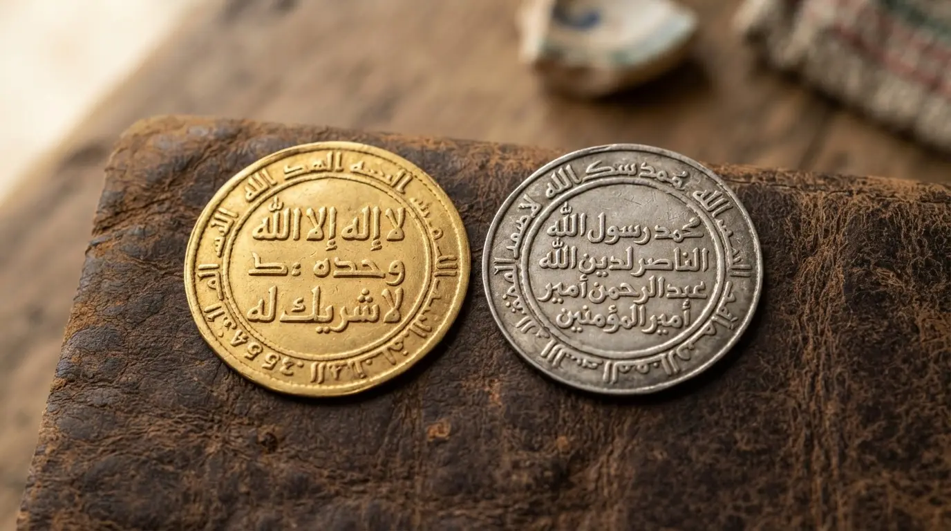 Close-up of Umayyad gold and silver coins from the Córdoba mint, Arabic epigraphic script catching low raking light against dark stone, cordoba umayyad coins mint
