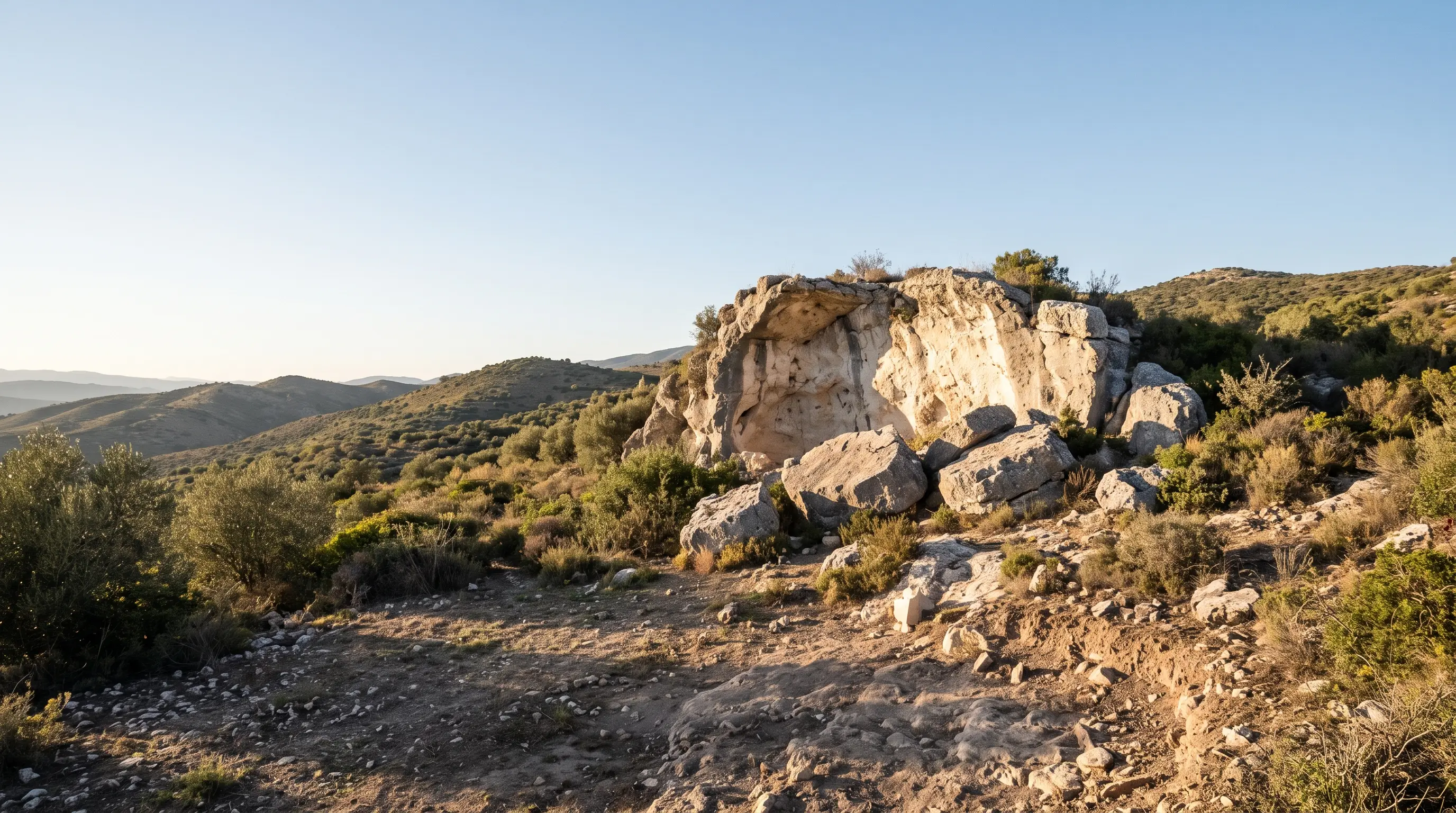 Open-air excavation ground at Cueva del Angel Lucena, a collapsed limestone rock shelter on the Sierra de Aras at golden hour, trench walls and scrub hills beyond