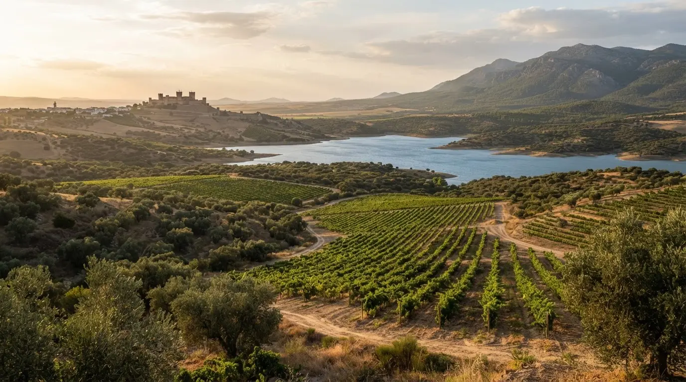 Cordoba cultural landscapes route illustrated as a wide Guadalquivir vega at golden hour, olive rows and vineyards in the foreground, a castle on a distant rise and reservoir water glinting beyond