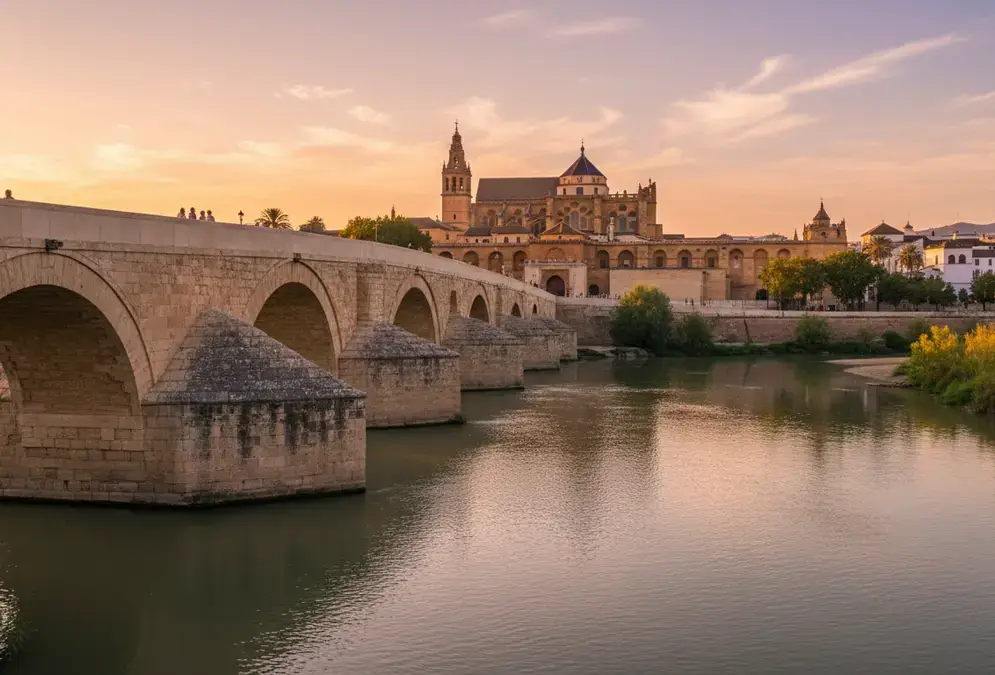 The Roman Bridge of Córdoba at dusk, Mezquita-Cathedral tower in the background