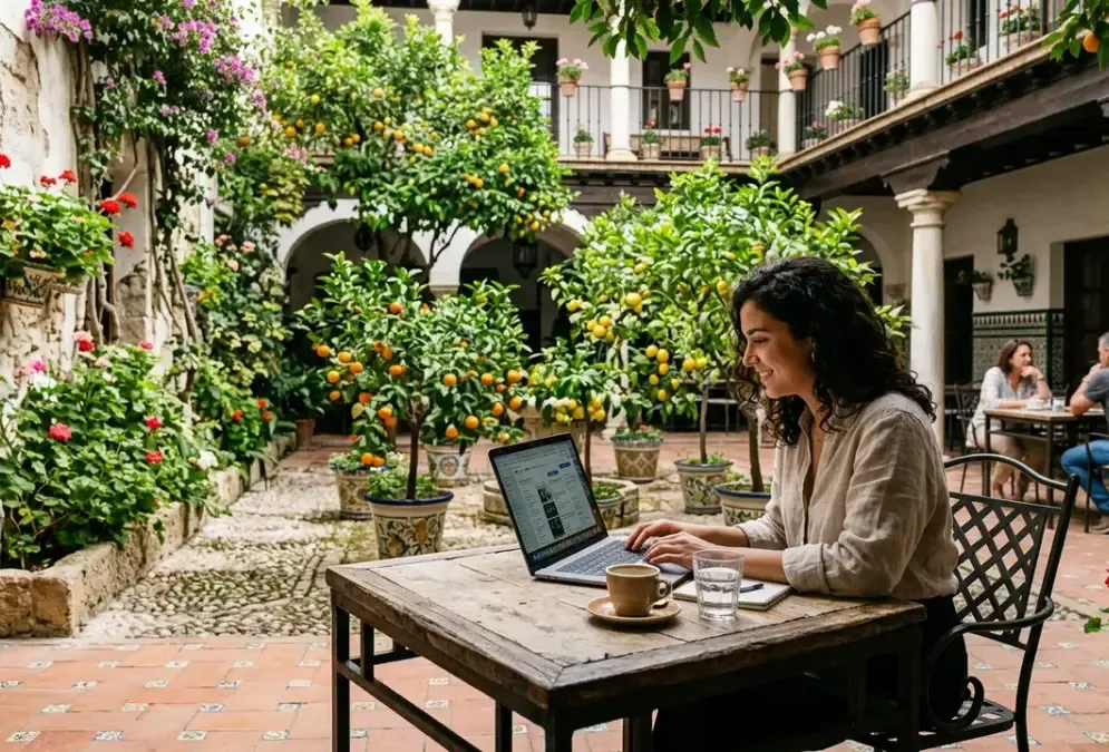 Outdoor café with laptop in a Córdoba courtyard