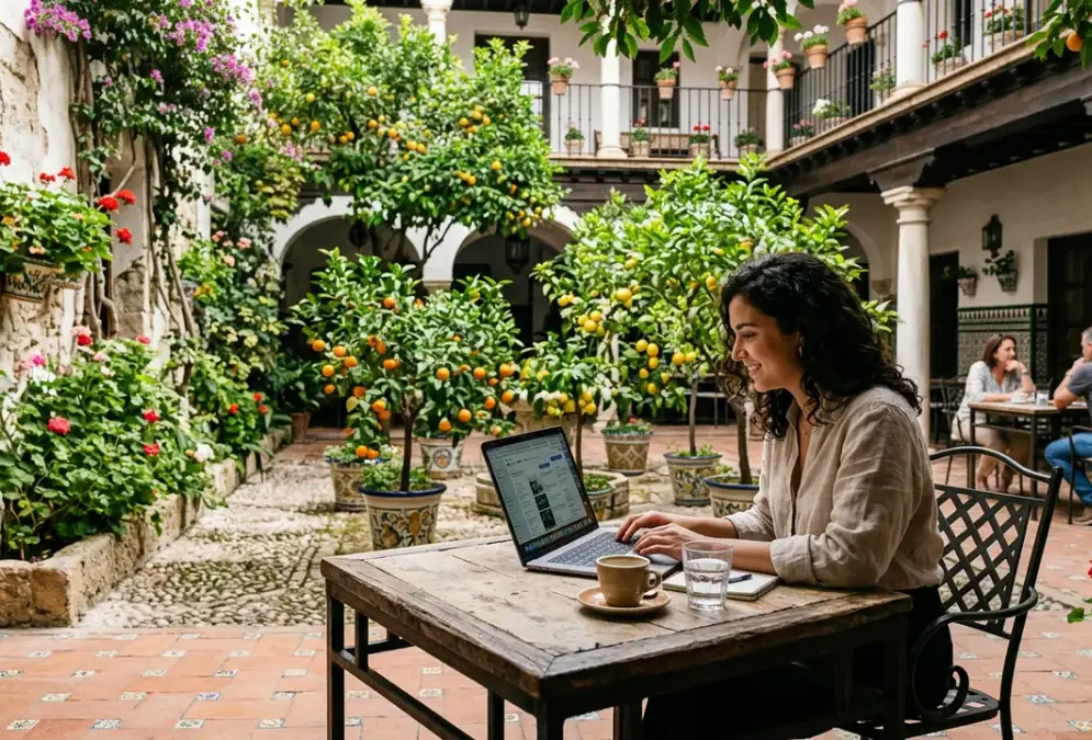 Outdoor café with laptop in a Córdoba courtyard