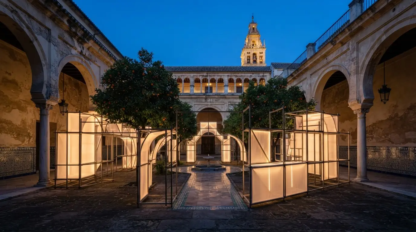 Illuminated temporary architecture installation for the Cordoba Efimera festival inside a historic stone courtyard at dusk, lightweight structures glowing against centuries-old walls