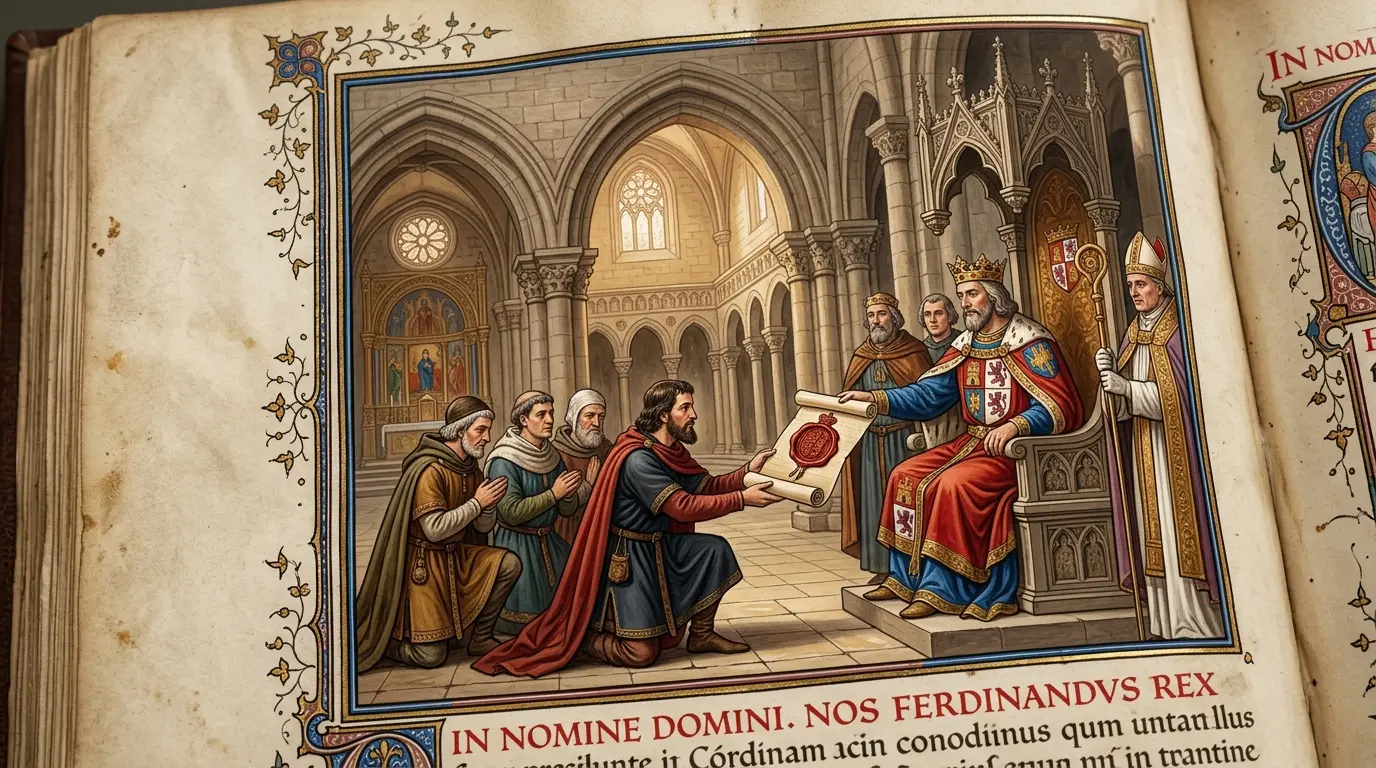 Medieval manuscript illumination showing Ferdinand III of Castile seated on a throne presenting the Fuero Juzgo charter to Córdoba's first concejo, red wax seal, stone arches of a Fernandine church visible behind, warm parchment tones, Cordoba fuero Ferdinand III 1241