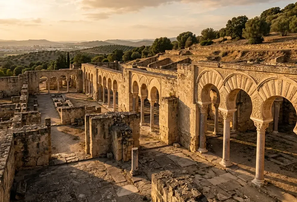Ruins of Medina Azahara palace-city near Córdoba, stone columns and carved capitals against a blue sky, archaeological site of the Umayyad Caliphate