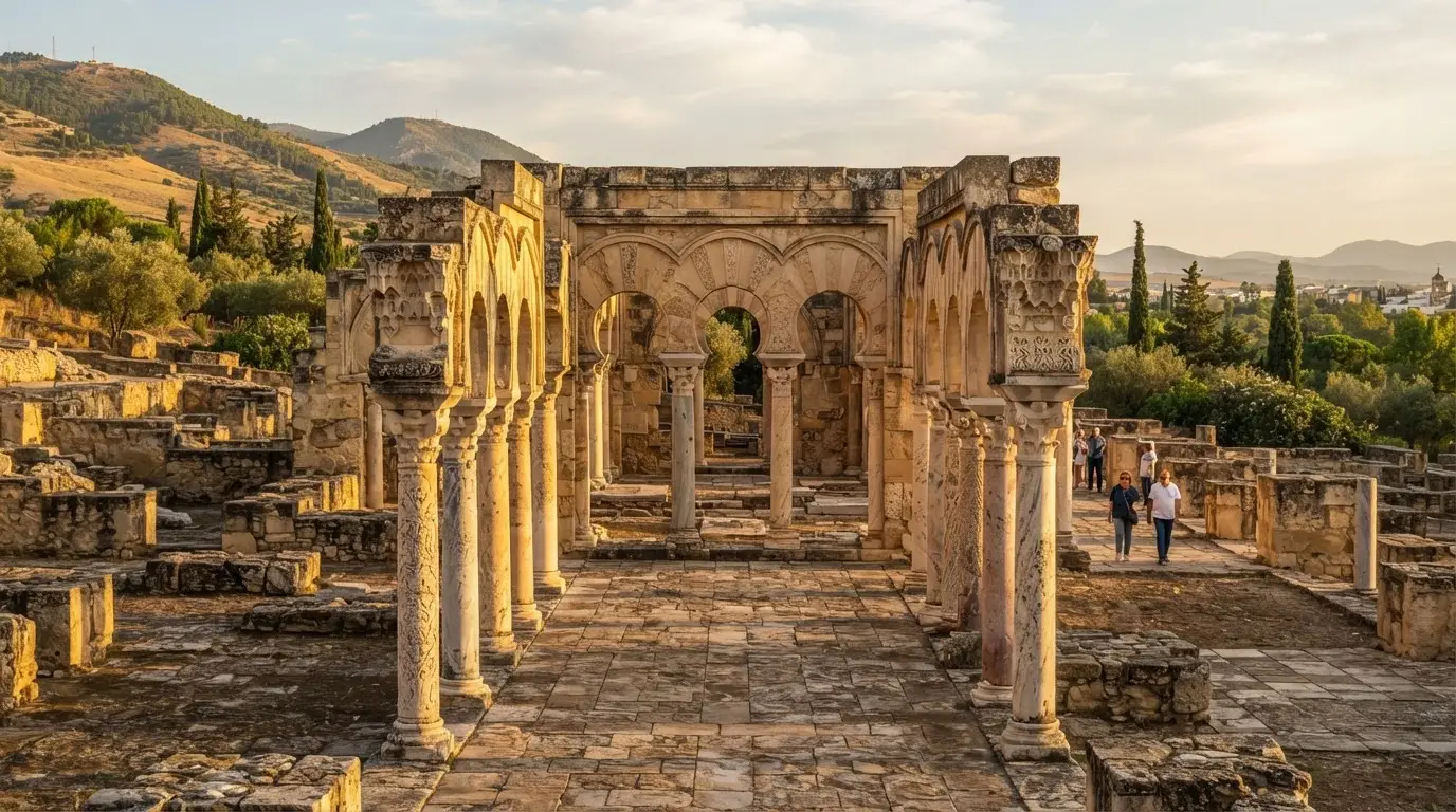 Medina Azahara archaeological site near Córdoba at golden hour, excavated stone colonnades and carved capitals from the Umayyad Caliphate, ruins of the fall of the córdoba caliphate