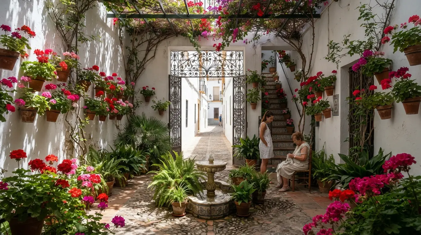 Whitewashed Córdoba courtyard with geraniums and a central fountain under deep shade at midday in high summer, blazing sun beyond the gate — cordoba extreme heat