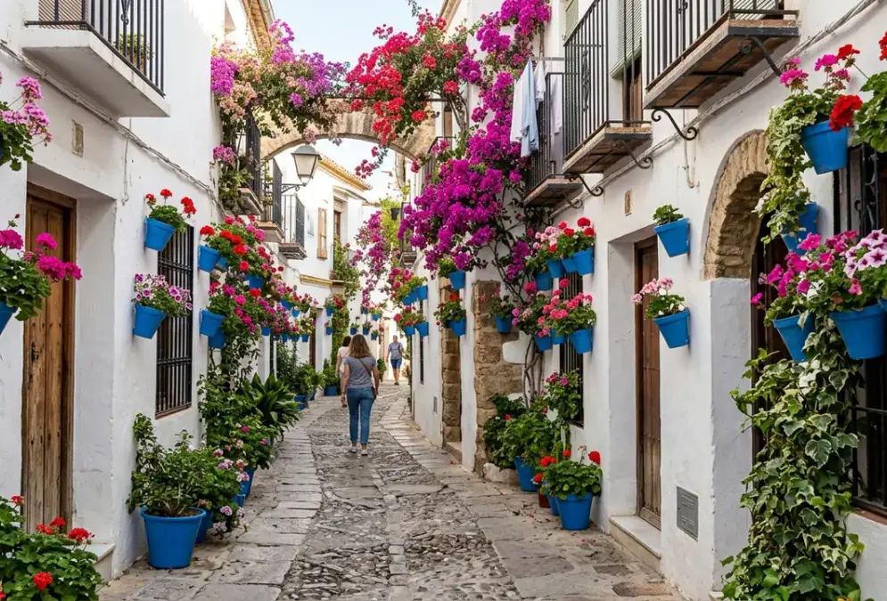 Narrow flower-lined alleyway in Córdoba's Judería