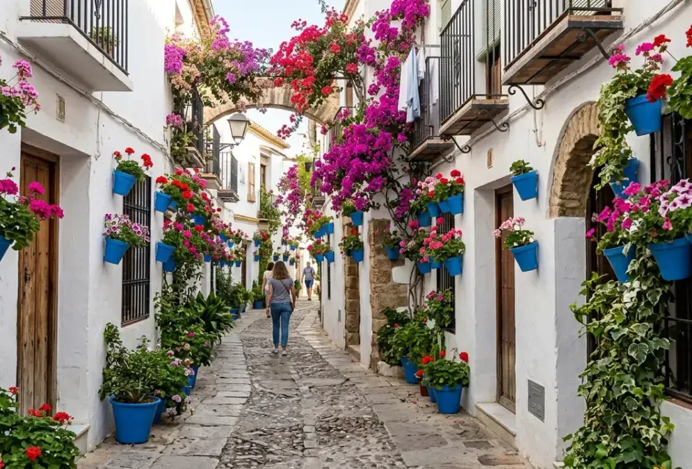 Narrow flower-lined alleyway in Córdoba's Judería