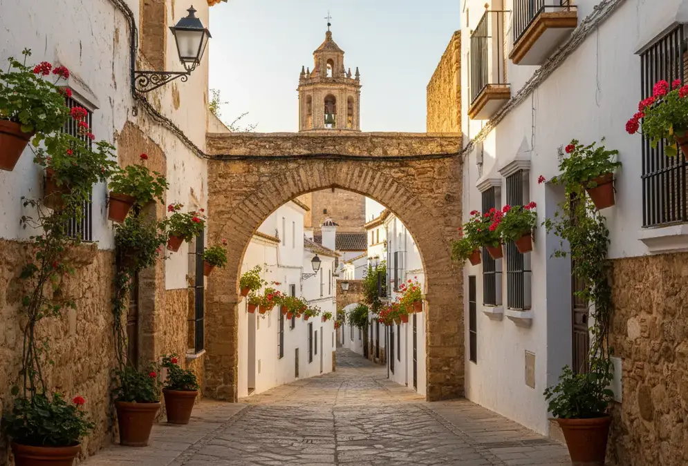 A narrow alleyway in Córdoba's old town with traditional whitewashed buildings and hidden arches