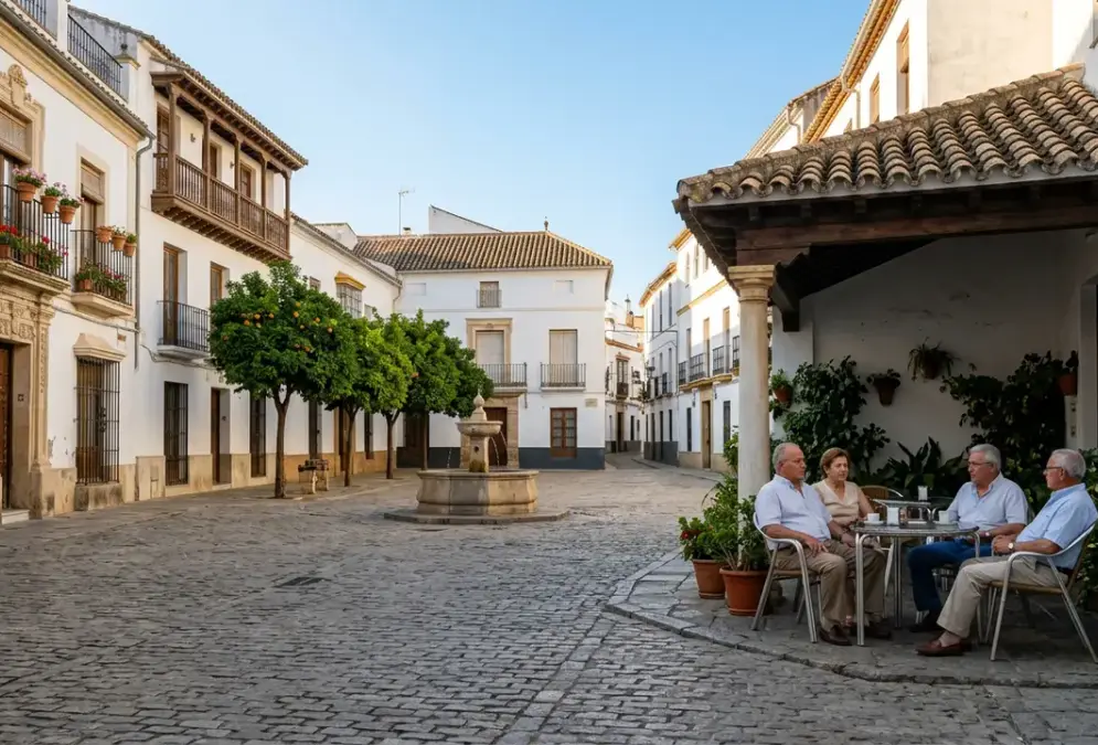 Córdoba in August — quiet deserted plaza at dawn, whitewashed buildings, blue sky