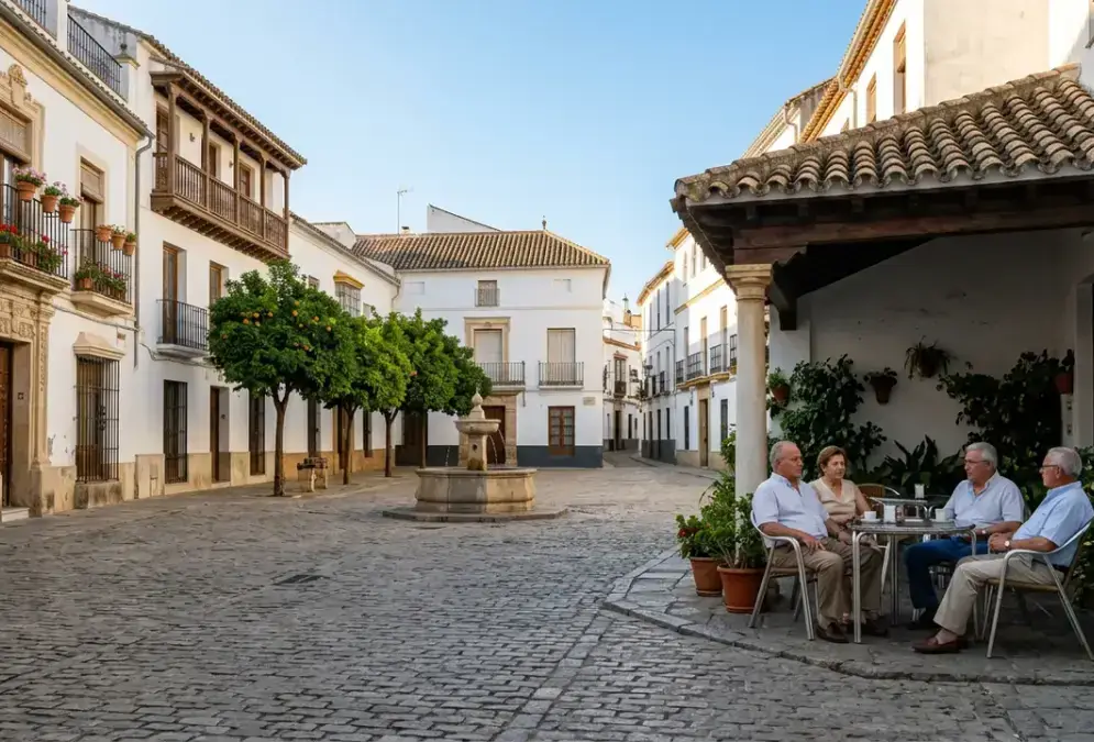 Córdoba in August — quiet deserted plaza at dawn, whitewashed buildings, blue sky