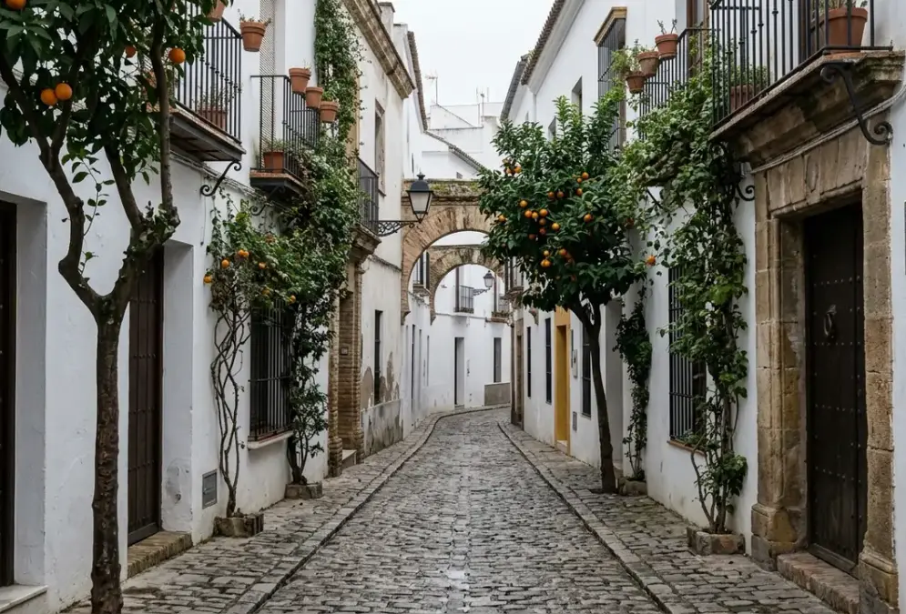 Córdoba in January — empty cobblestone streets of the Judería in soft winter light