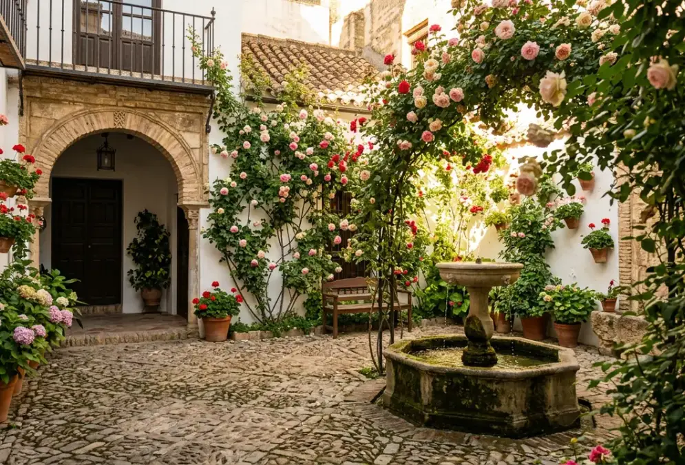 Córdoba in October — roses in second bloom in a historic courtyard, warm golden light