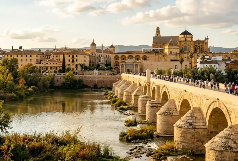 Córdoba in September — golden afternoon light on the Puente Romano and Mezquita