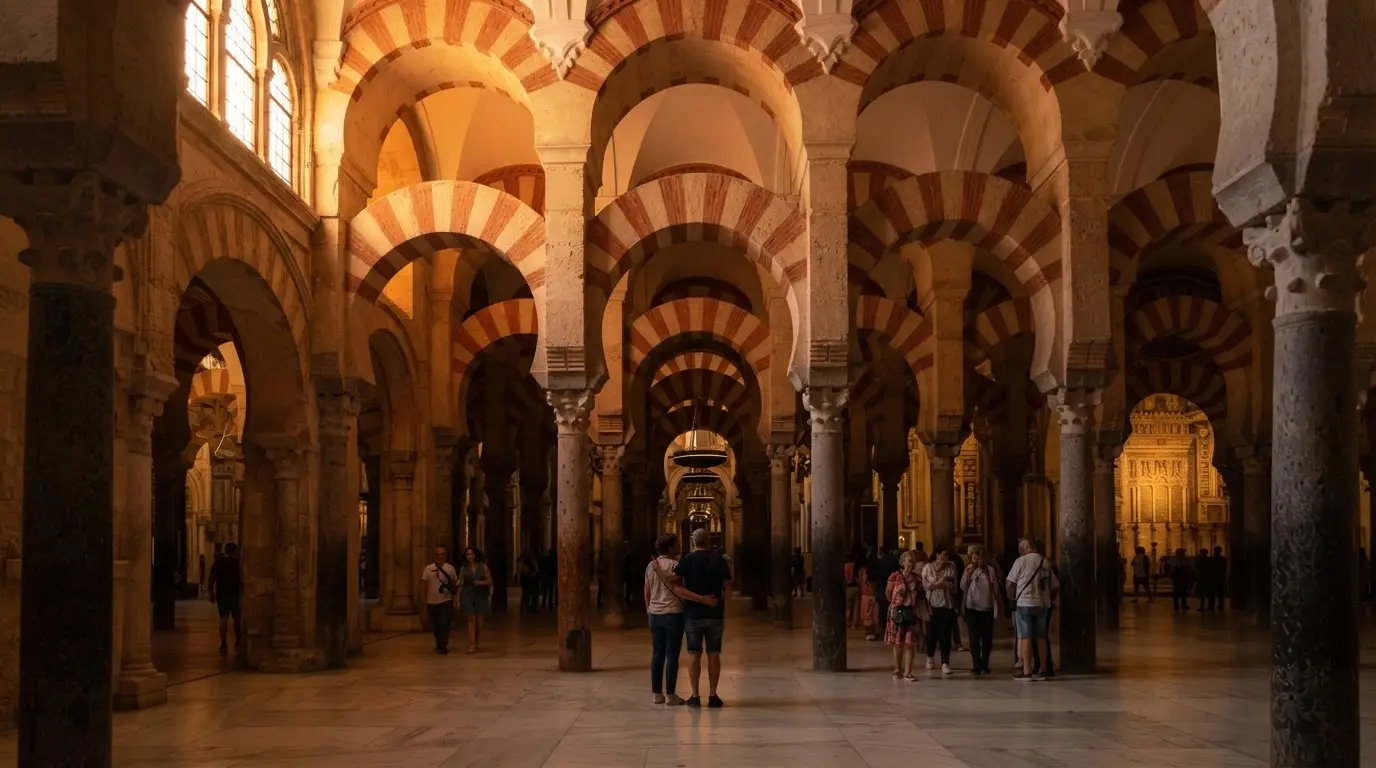 Córdoba's Mezquita-Catedral at golden hour, symbolic backdrop for the city's role as 2027 Mediterranean Capital of Culture and Dialogue, red and white horseshoe arches receding into shadow, photorealistic warm light