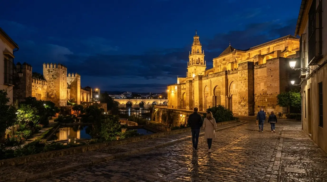 Illuminated arches of Córdoba's Mezquita-Catedral at night, warm amber light on striped columns, Córdoba monuments at night