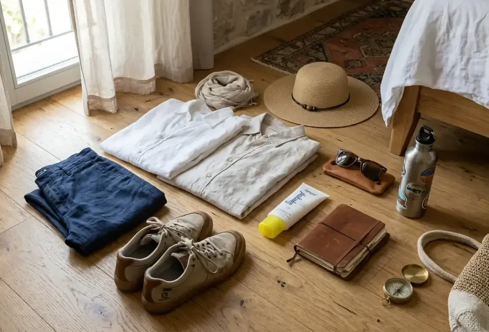 Travel essentials flatlay for a Córdoba trip