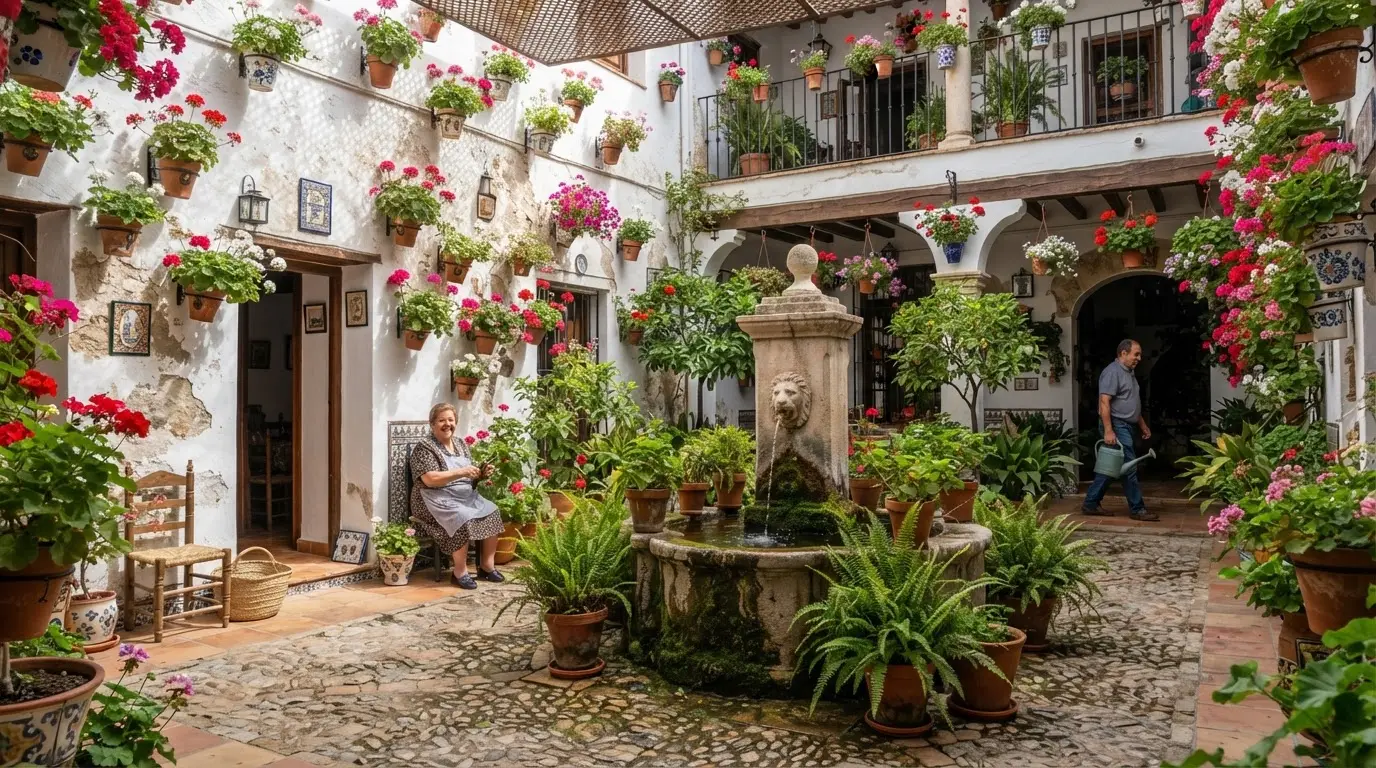 Traditional Córdoba patio with whitewashed walls, hanging geraniums and a central fountain