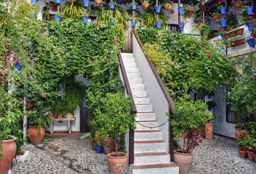 Traditional Córdoba patio with whitewashed walls, hanging geraniums and a central fountain
