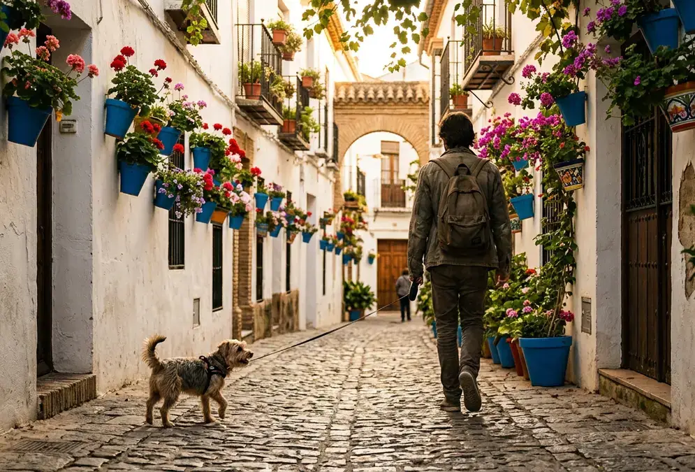 Dog walking along the Guadalquivir riverbank near Córdoba's Roman Bridge