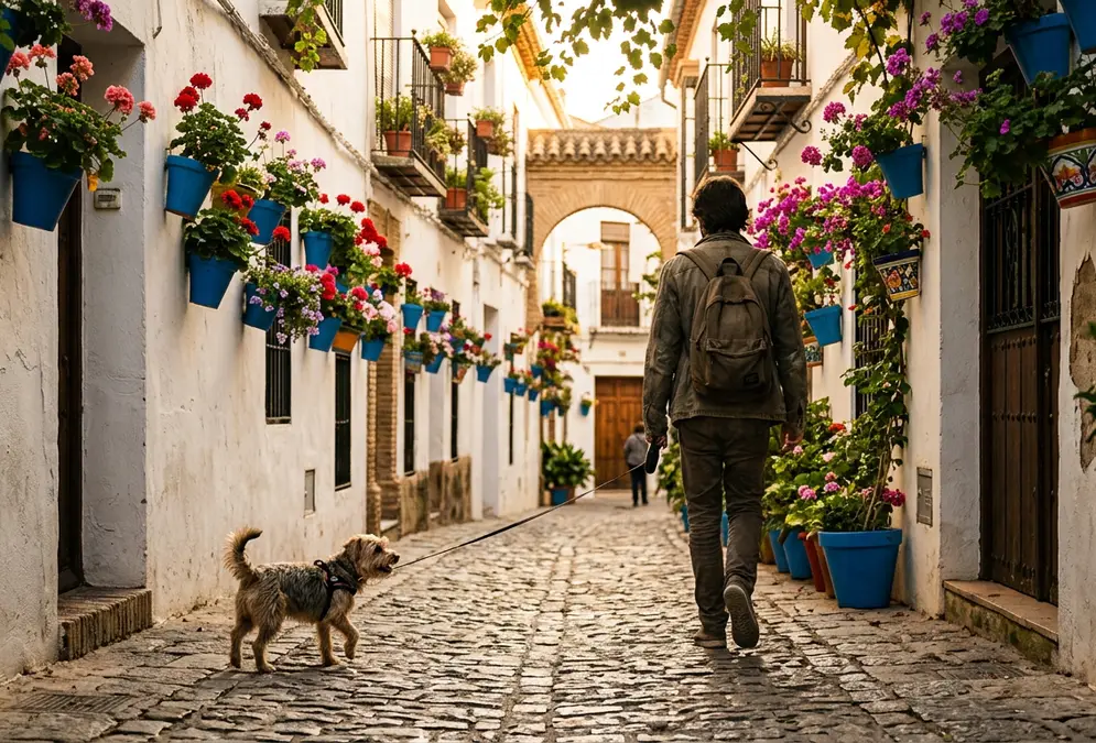 Dog walking along the Guadalquivir riverbank near Córdoba's Roman Bridge