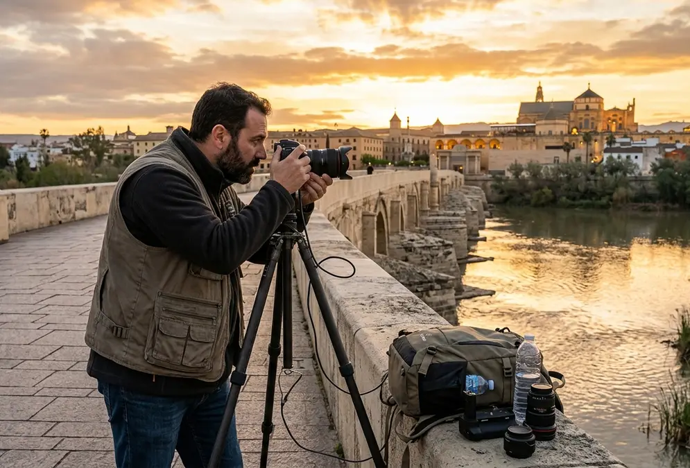 Photographer at the Roman Bridge at sunrise, Córdoba, golden light reflecting on the Guadalquivir