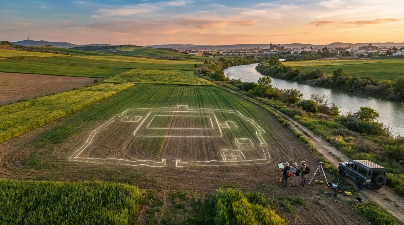 Golden-hour view of green farmland along the Guadalquivir riverbank near Córdoba, Spain, with a faint ghostly outline of buried wall foundations and a rectangular building glowing beneath the soil, an artistic illustration of the newly surveyed pre-Roman site