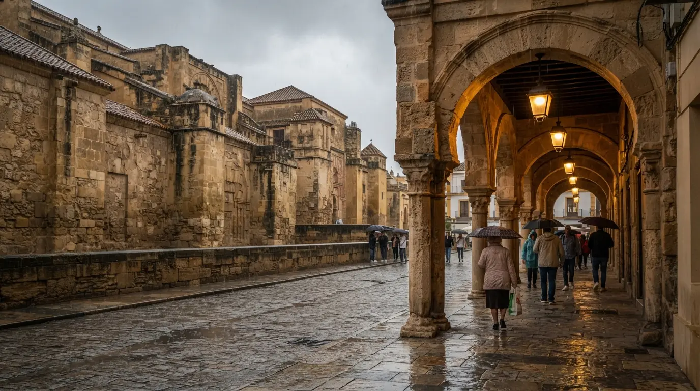 Umbrellas on a wet street in Córdoba Spain with the Mezquita-Cathedral bell tower in the distance