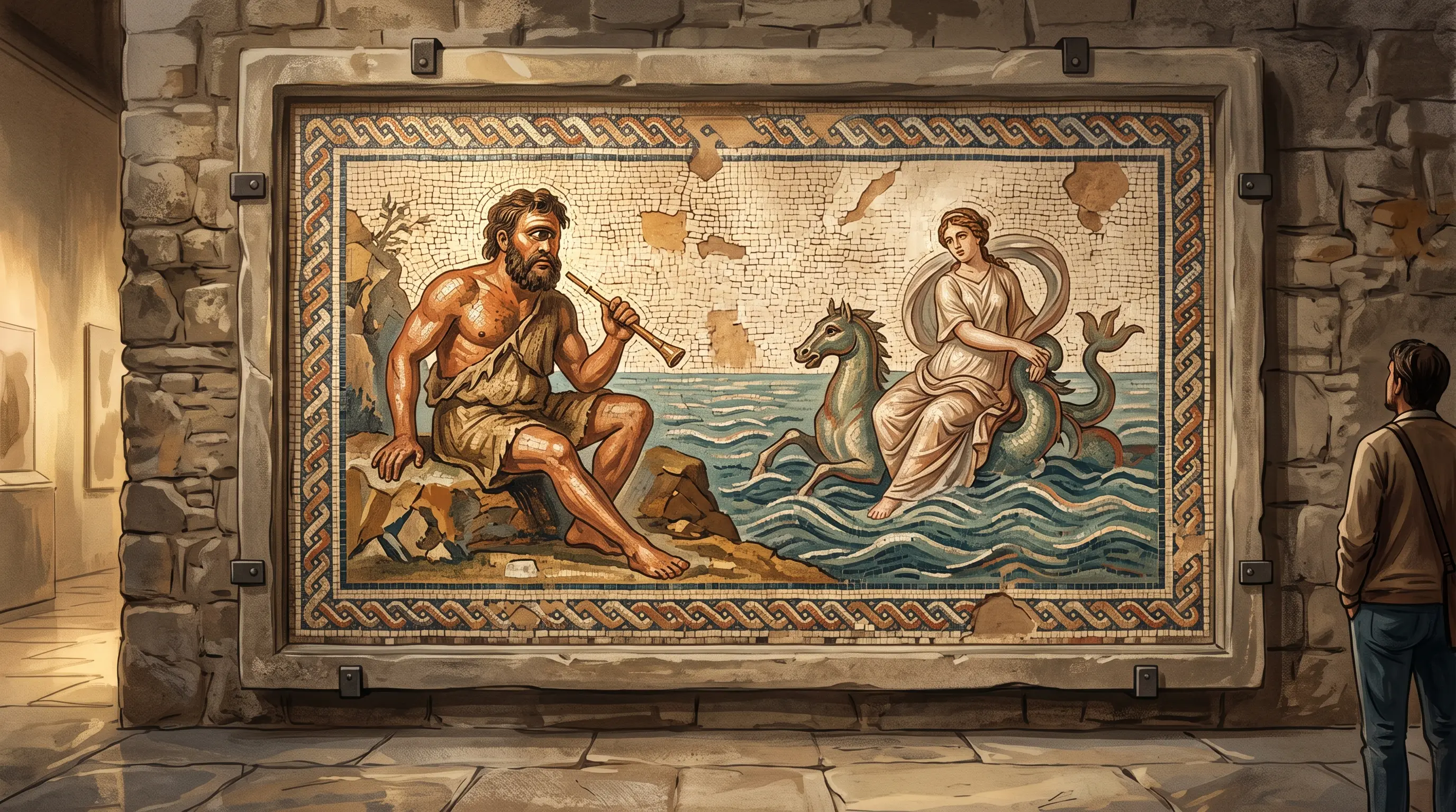 AI-generated illustration of an imagined Polyphemus and Galatea mosaic panel mounted on a gallery wall, a visitor beside it for scale, roman mosaics cordoba