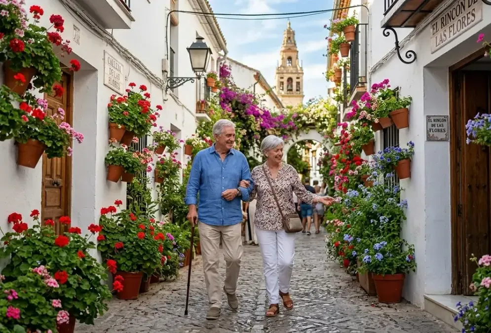 Senior couple exploring Córdoba's flower-lined streets