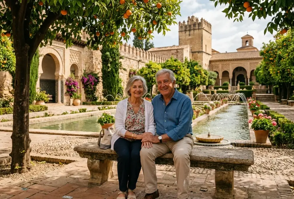 Older traveler resting on a shaded bench in the Alcázar gardens, Córdoba, surrounded by orange trees and stone fountains