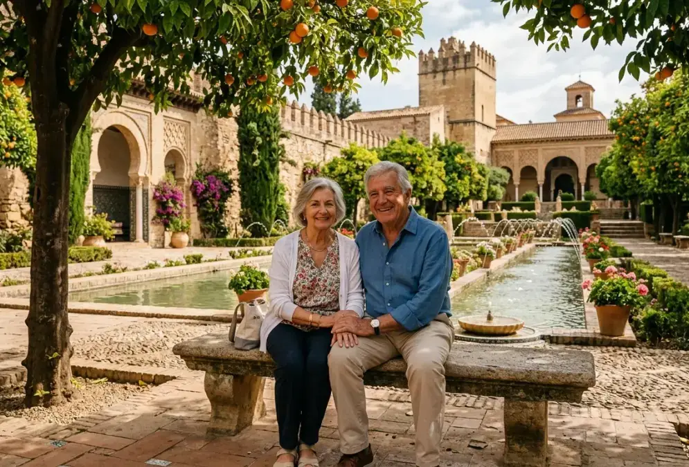Older traveler resting on a shaded bench in the Alcázar gardens, Córdoba, surrounded by orange trees and stone fountains