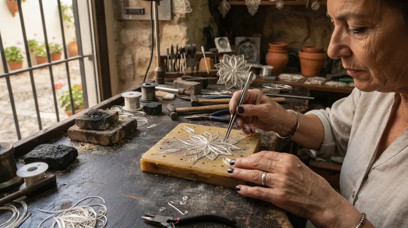 Artisan hands arranging twisted silver filigree wire into geometric arabesque patterns on a dark workbench in a Judería workshop in Córdoba, Spain, warm overhead light catching the fine silver threads against a beeswax board