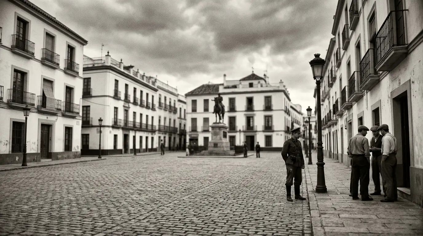 Photorealistic historical scene evoking the Cordoba Spanish Civil War of 1936 in Plaza de las Tendillas, Nationalist militiamen and period vehicles under overcast light, documentary photojournalism style, muted sepia tones