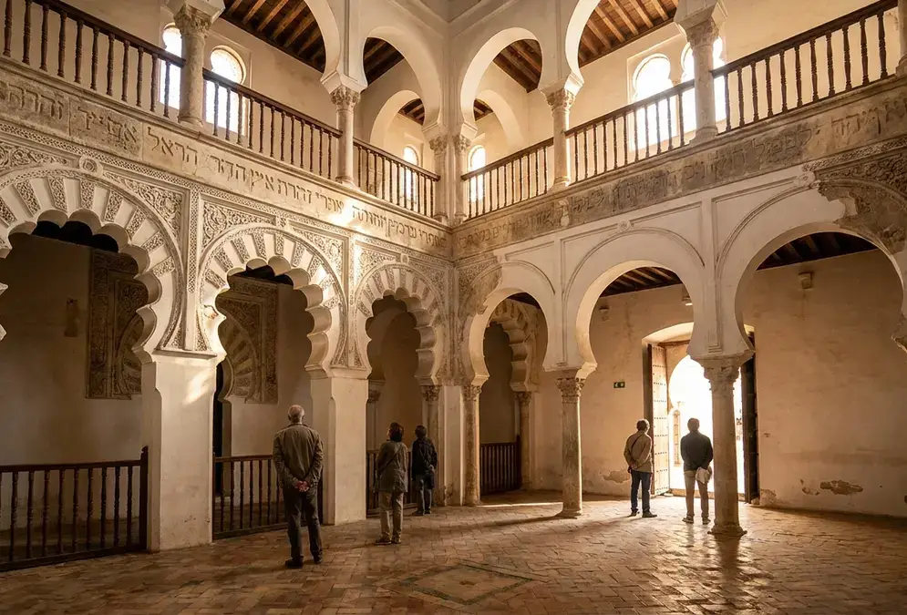 Interior of the Córdoba Synagogue at Calle de los Judíos, Mudéjar stucco arches and women's gallery with Hebrew inscriptions visible on upper walls, warm directional light, photorealistic