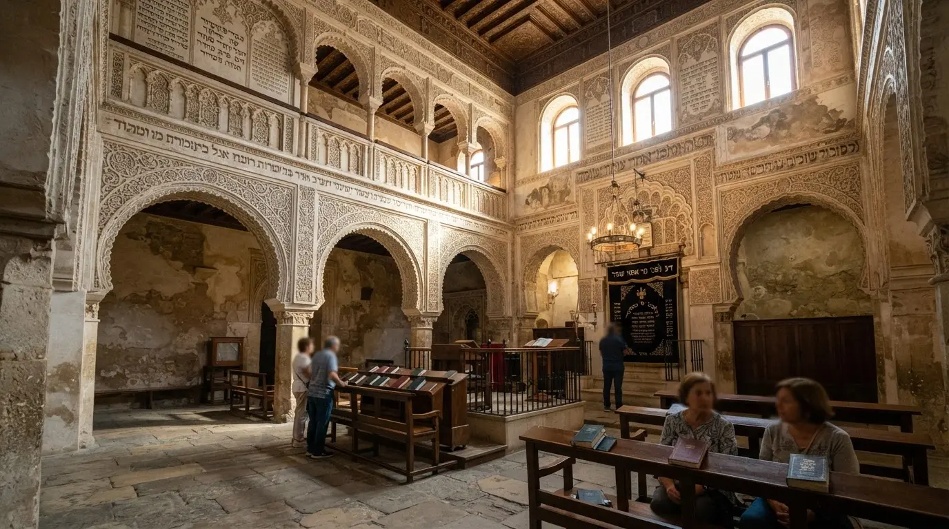 Interior of the Córdoba Synagogue at Calle de los Judíos, Mudéjar stucco arches and women's gallery with Hebrew inscriptions visible on upper walls, warm directional light, photorealistic