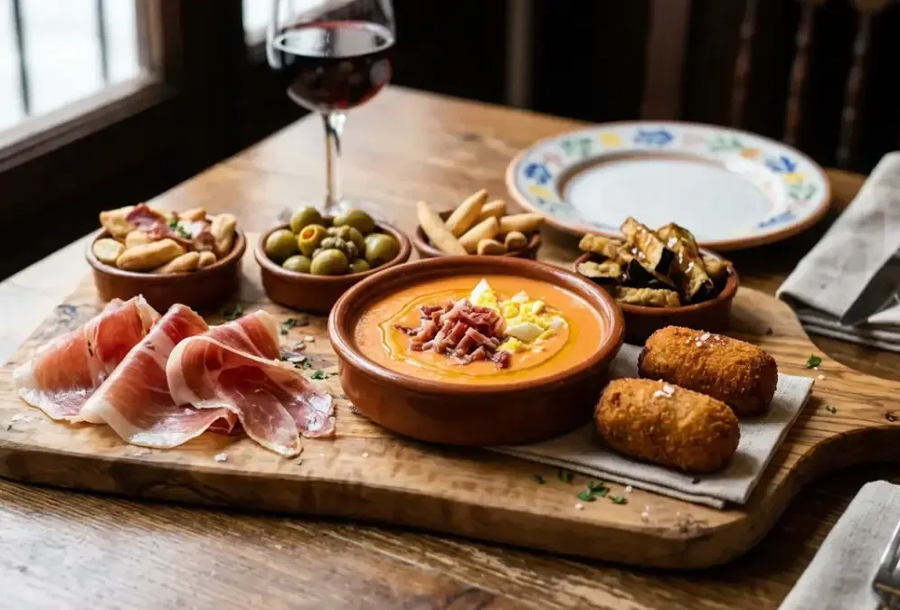 Assorted tapas — salmorejo, croquetas, ibérico ham