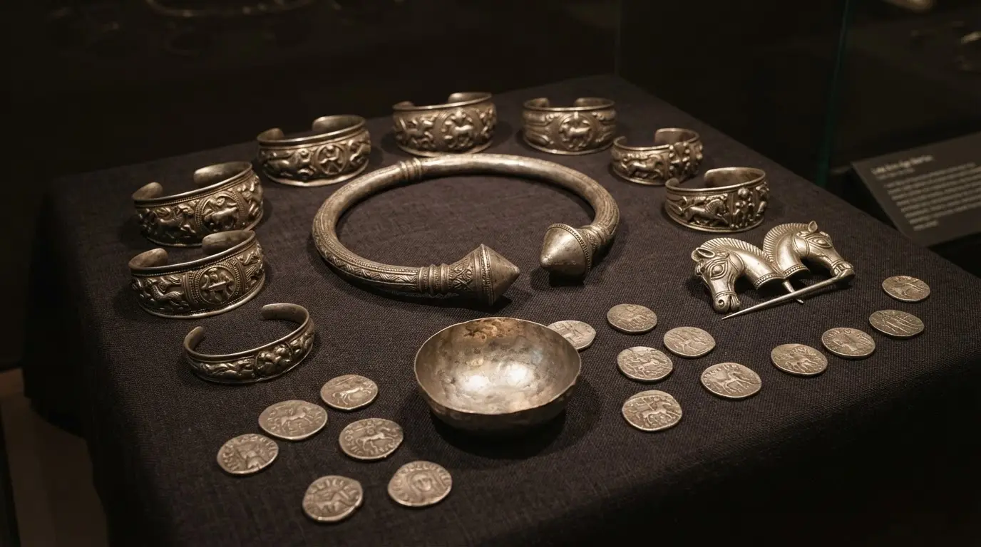 Cordoba treasure British Museum: AI-generated illustration of a silver torc, penannular armlets, a horse-head brooch and scattered Roman and Iberian silver coins on dark cloth under museum lighting