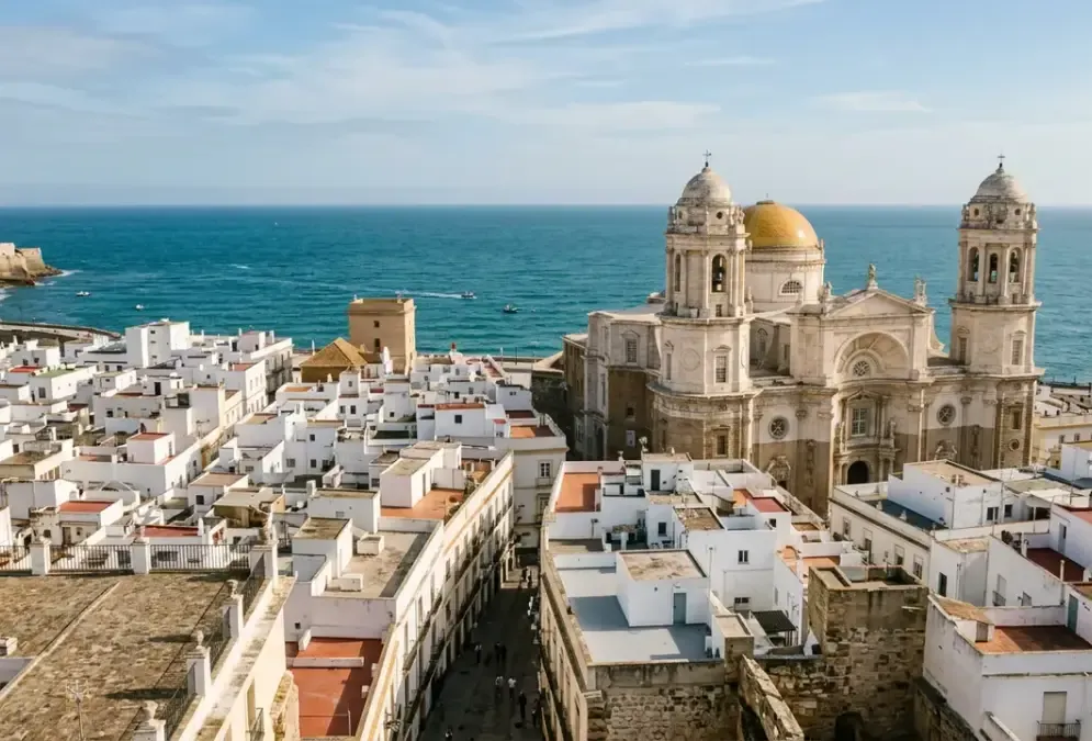 Cádiz Cathedral dome and white rooftops over the Atlantic