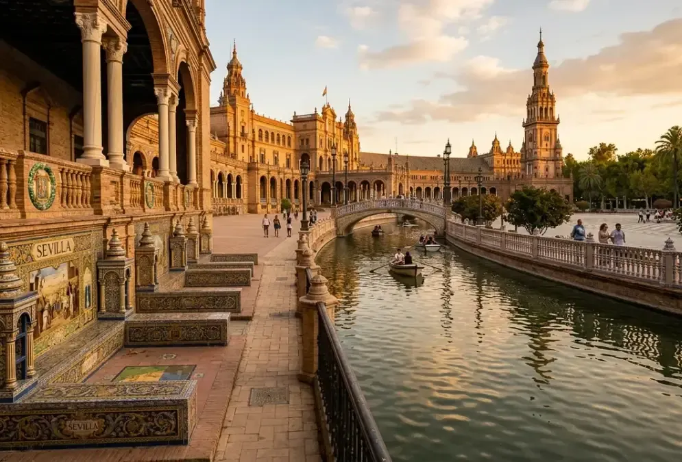 Seville Plaza de España at golden hour