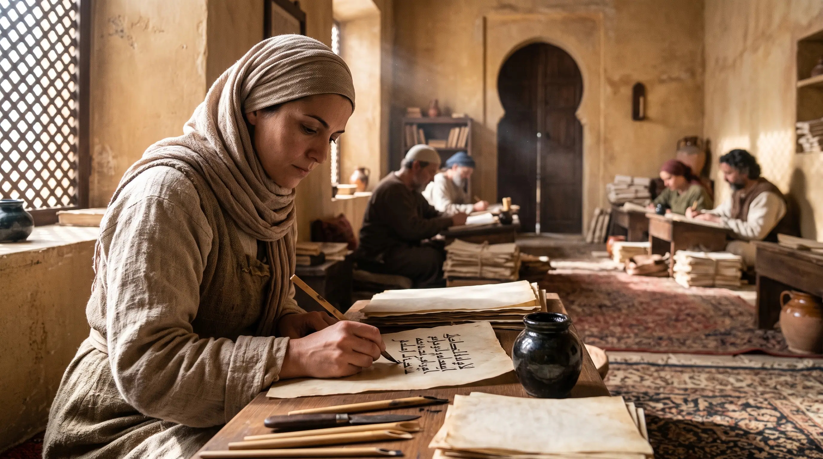 AI-generated illustration for Córdoba women scribes history: a woman copies a Qur'an in Kufic script with a reed pen by latticed window light, while other scribes work out of focus beside a horseshoe-arch doorway.